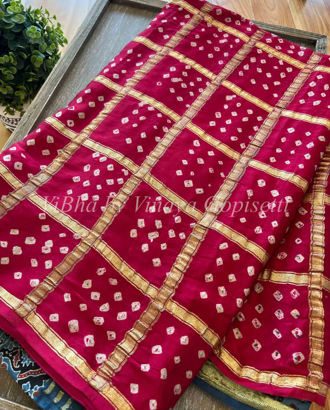 Sarees - Pink Ajarak Checks Bandhani Silk Saree