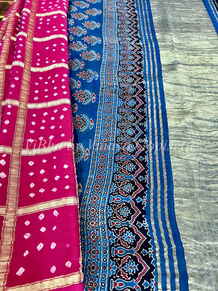 Sarees - Pink Ajarak Checks Bandhani Silk Saree