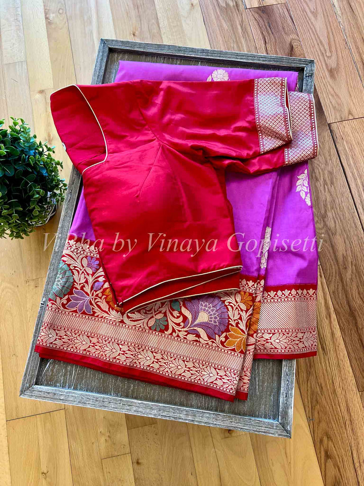 Sarees - Pink And Red Banarasi Katan Silk Saree