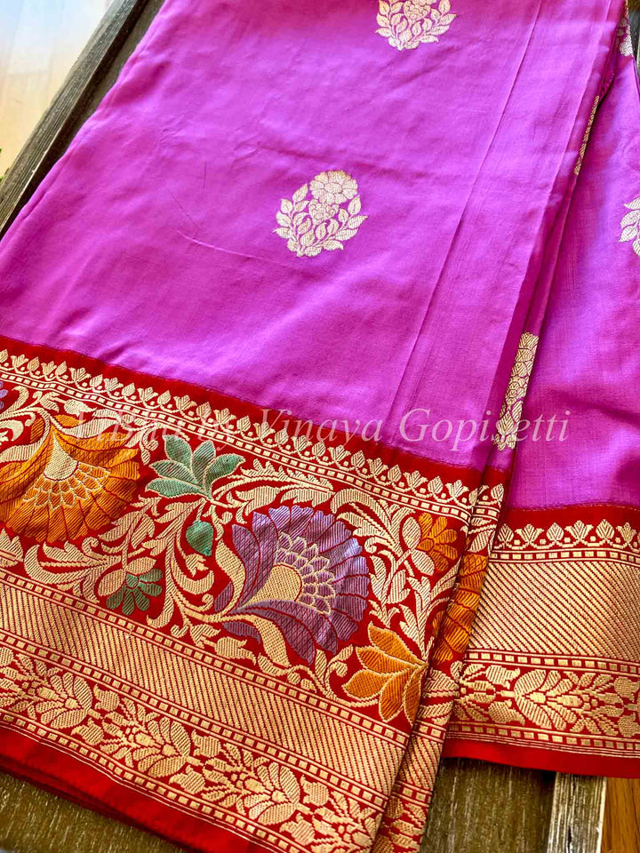 Sarees - Pink And Red Banarasi Katan Silk Saree