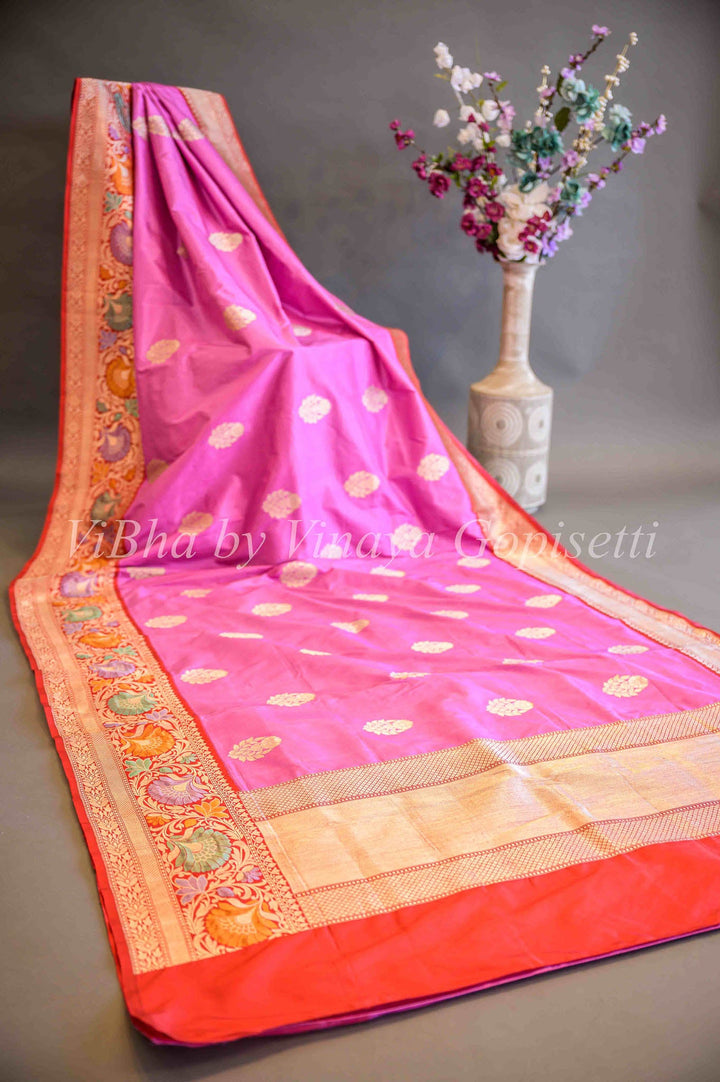 Sarees - Pink And Red Banarasi Katan Silk Saree