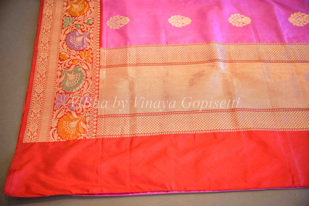 Sarees - Pink And Red Banarasi Katan Silk Saree