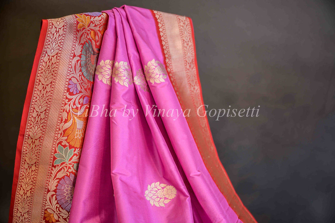 Sarees - Pink And Red Banarasi Katan Silk Saree