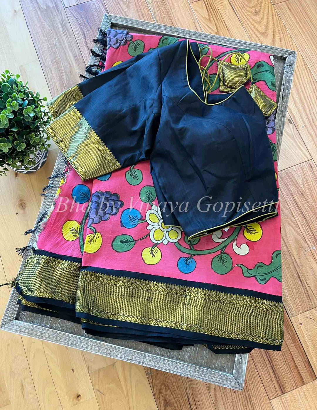 Sarees - Pink & Black - Korvai Kalamkari Silk Saree