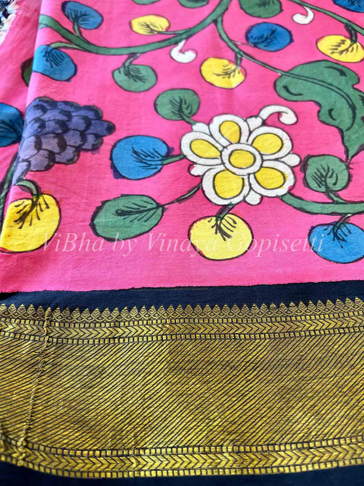 Sarees - Pink & Black - Korvai Kalamkari Silk Saree