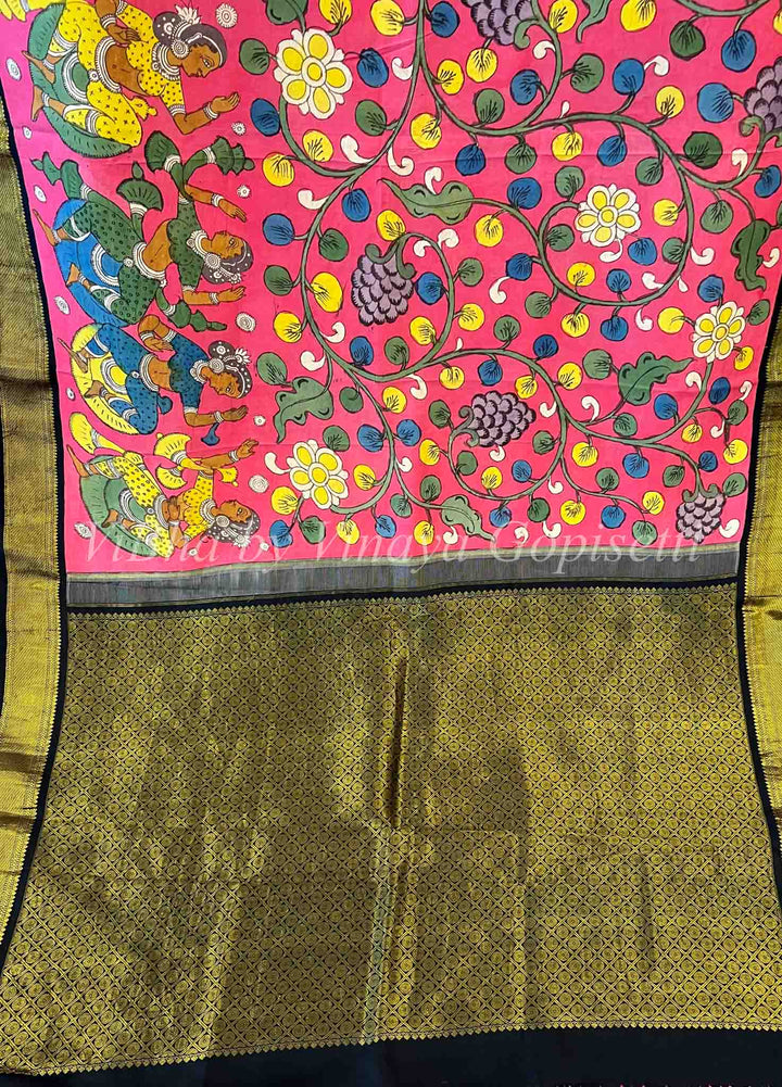 Sarees - Pink & Black - Korvai Kalamkari Silk Saree