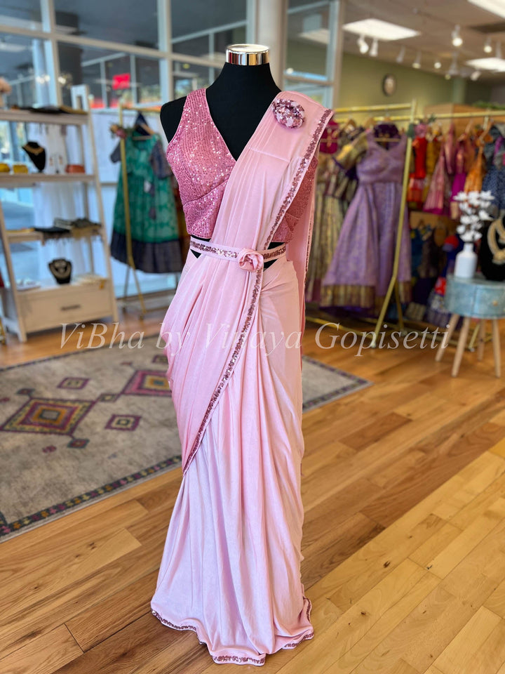 Sarees - Pink With Sequin Blouse Pre-Pleated Saree