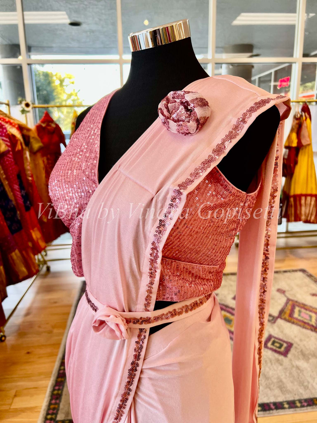 Sarees - Pink With Sequin Blouse Pre-Pleated Saree