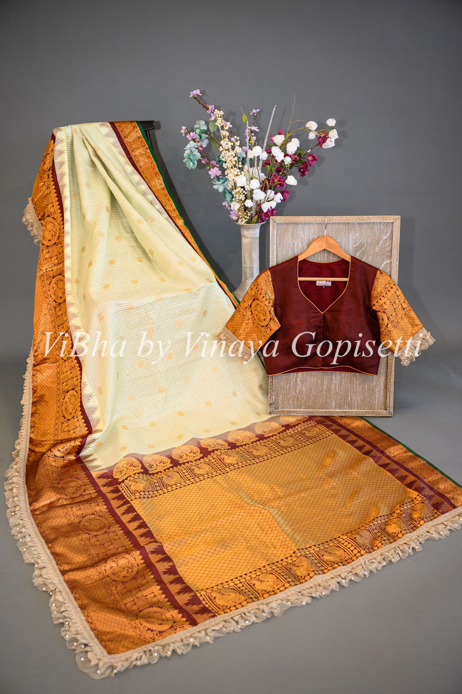 Sarees - Pista Green And Dark Brown Gadwal Silk Saree And Blouse With Embroidered Borders