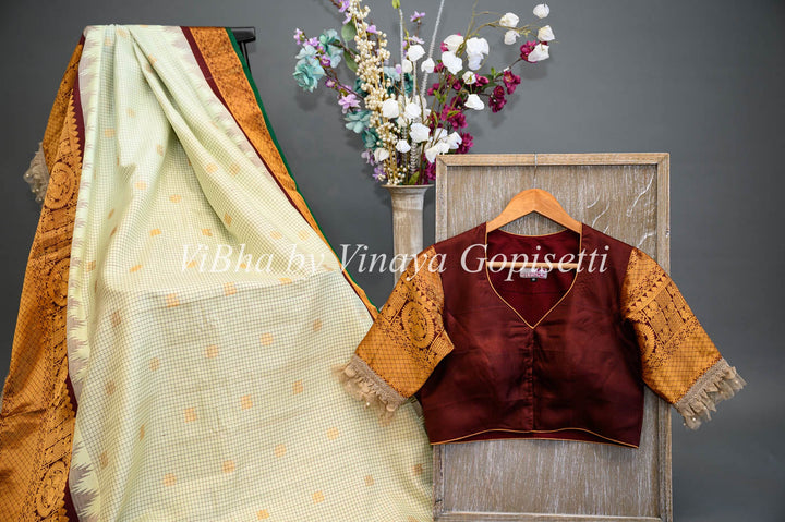 Sarees - Pista Green And Dark Brown Gadwal Silk Saree And Blouse With Embroidered Borders