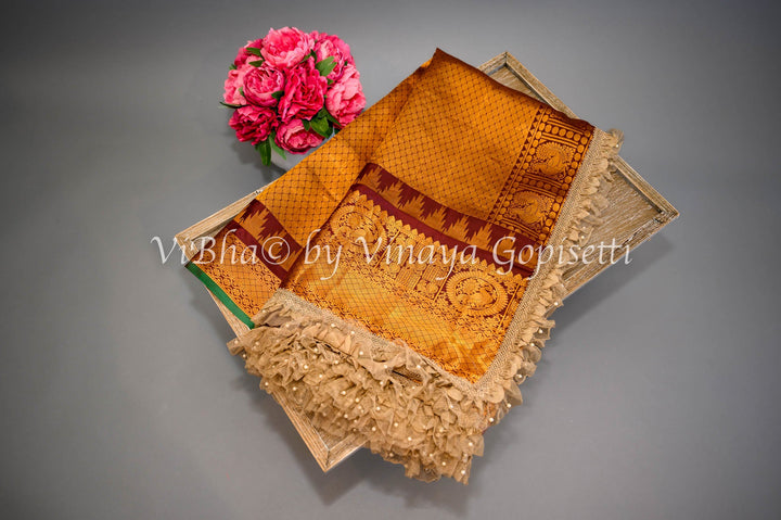 Sarees - Pista Green And Dark Brown Gadwal Silk Saree And Blouse With Embroidered Borders