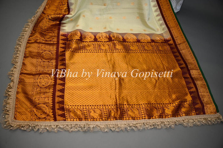 Sarees - Pista Green And Dark Brown Gadwal Silk Saree And Blouse With Embroidered Borders