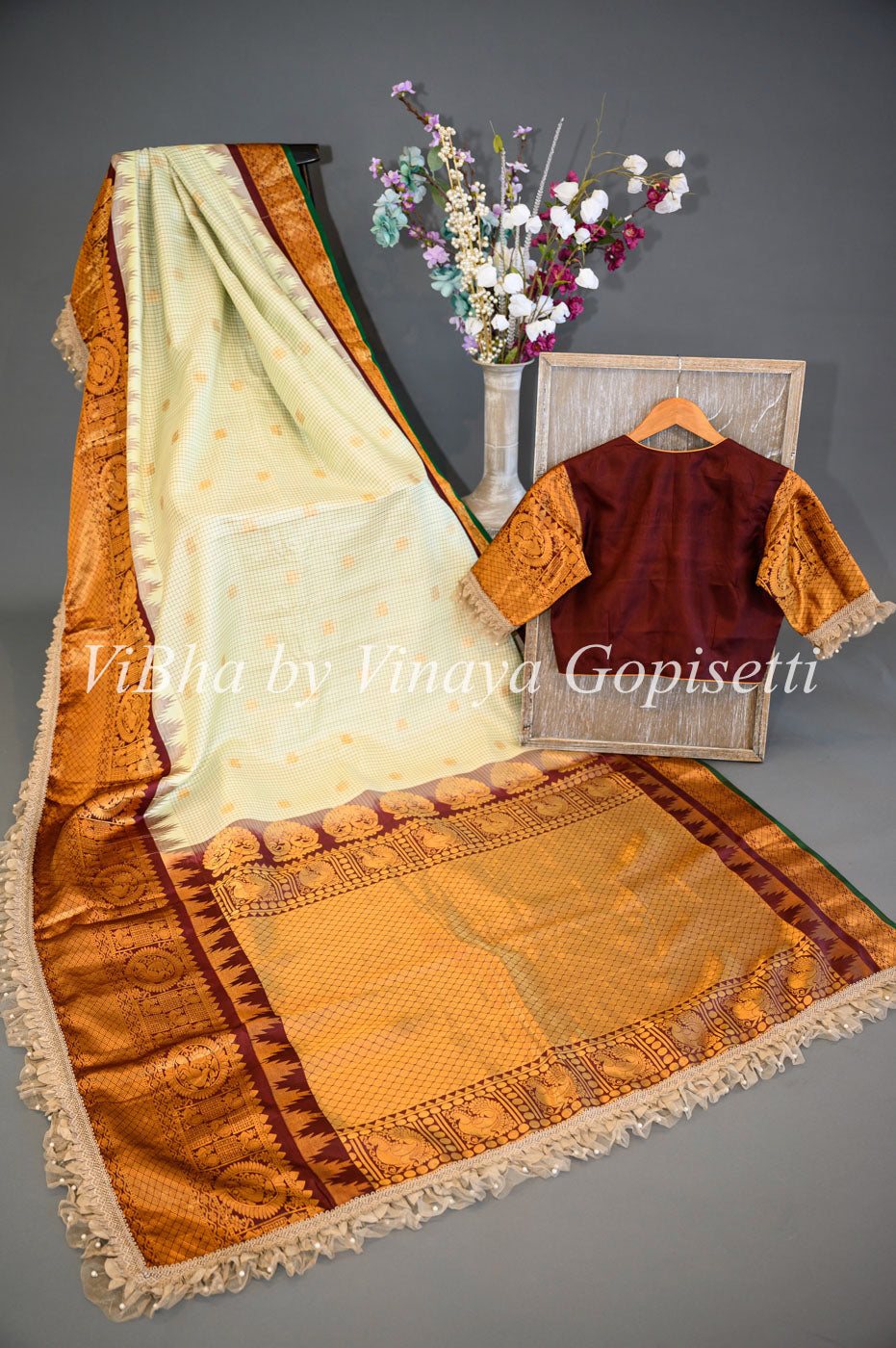 Sarees - Pista Green And Dark Brown Gadwal Silk Saree And Blouse With Embroidered Borders