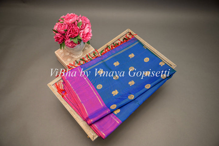 Sarees - Prussian Blue And Dark Magenta Kanchi Silk Saree