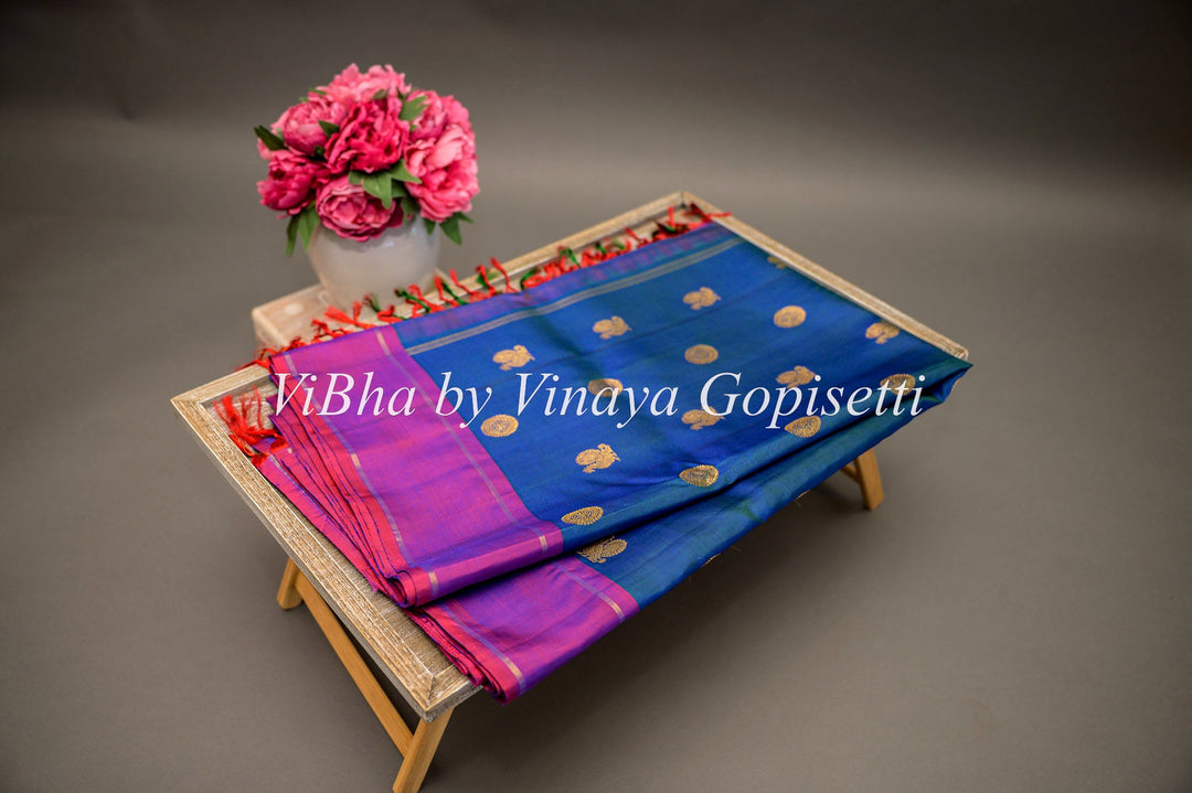 Sarees - Prussian Blue And Dark Magenta Kanchi Silk Saree