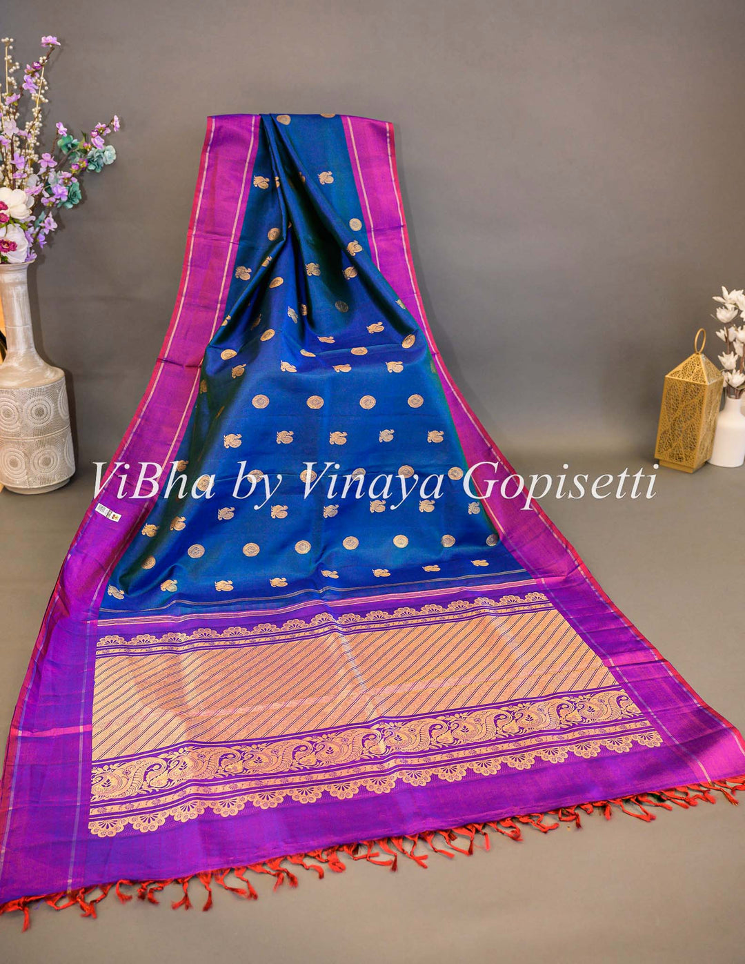 Sarees - Prussian Blue And Dark Magenta Kanchi Silk Saree