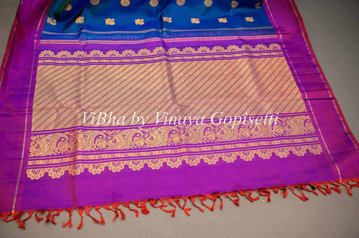 Sarees - Prussian Blue And Dark Magenta Kanchi Silk Saree