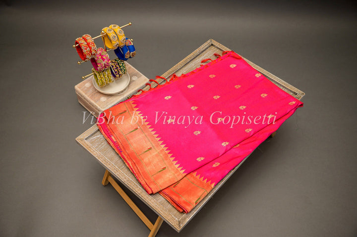 Sarees - Rani Pink Paithani Silk Saree With Single Muniya And Mor Pallu