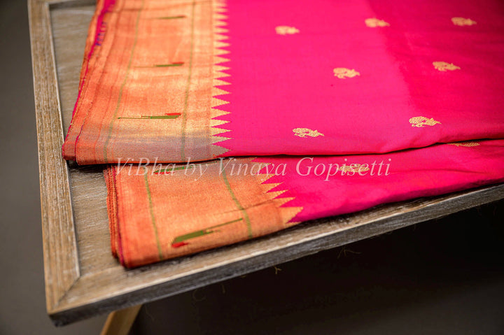 Sarees - Rani Pink Paithani Silk Saree With Single Muniya And Mor Pallu