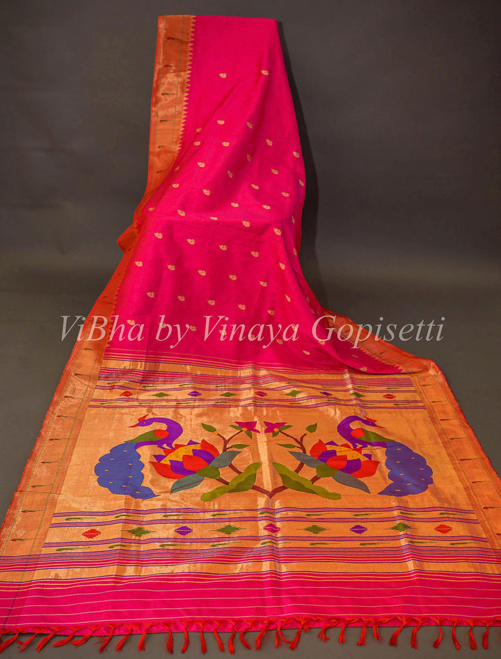 Sarees - Rani Pink Paithani Silk Saree With Single Muniya And Mor Pallu