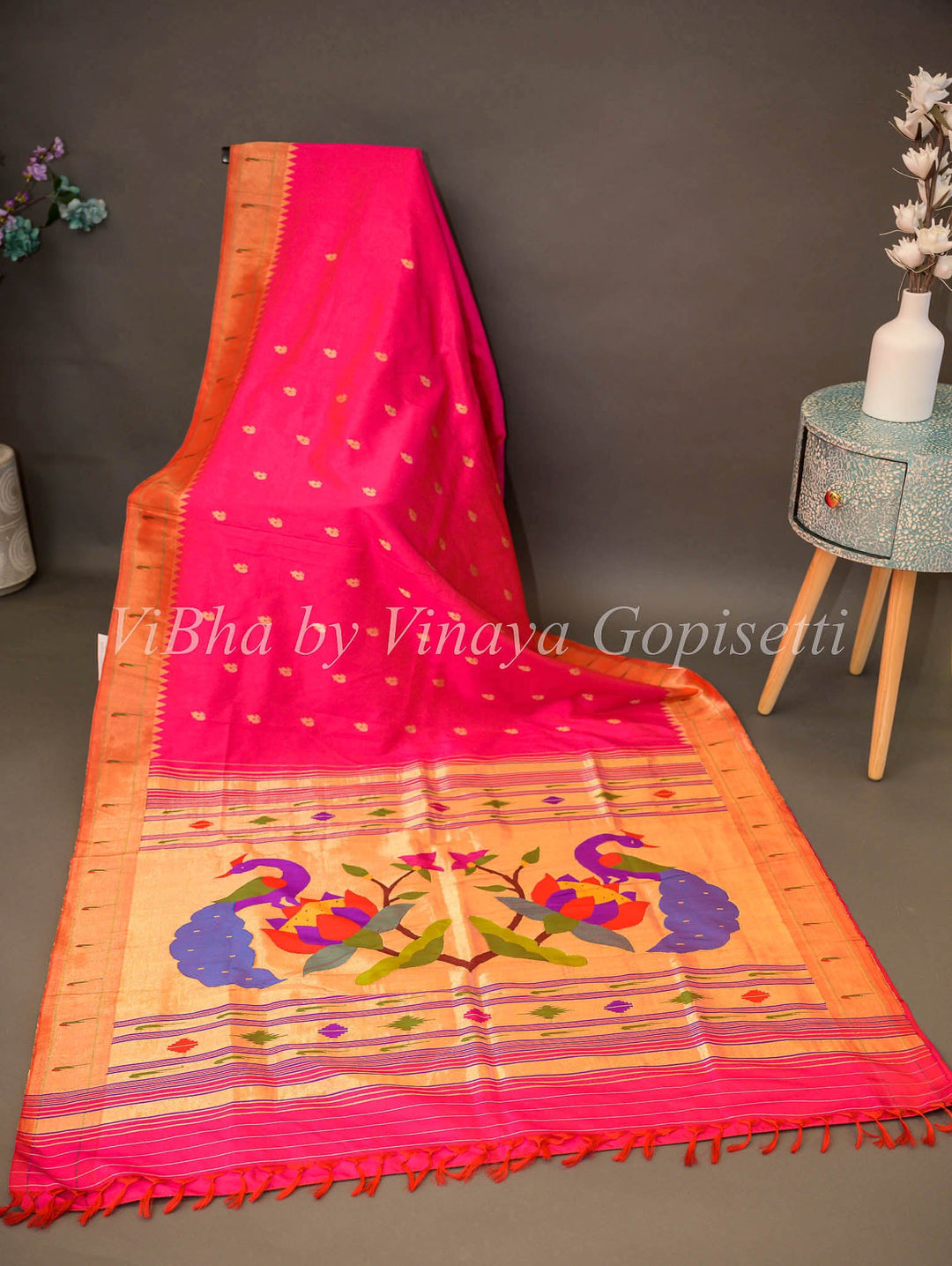 Sarees - Rani Pink Paithani Silk Saree With Single Muniya And Mor Pallu