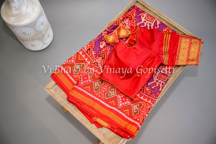 Sarees - Red And Purple Single Ikkat Patola Saree And Blouse