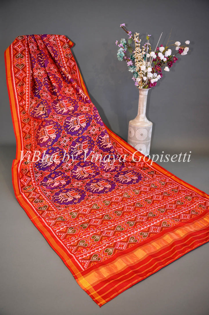 Sarees - Red And Purple Single Ikkat Patola Saree And Blouse