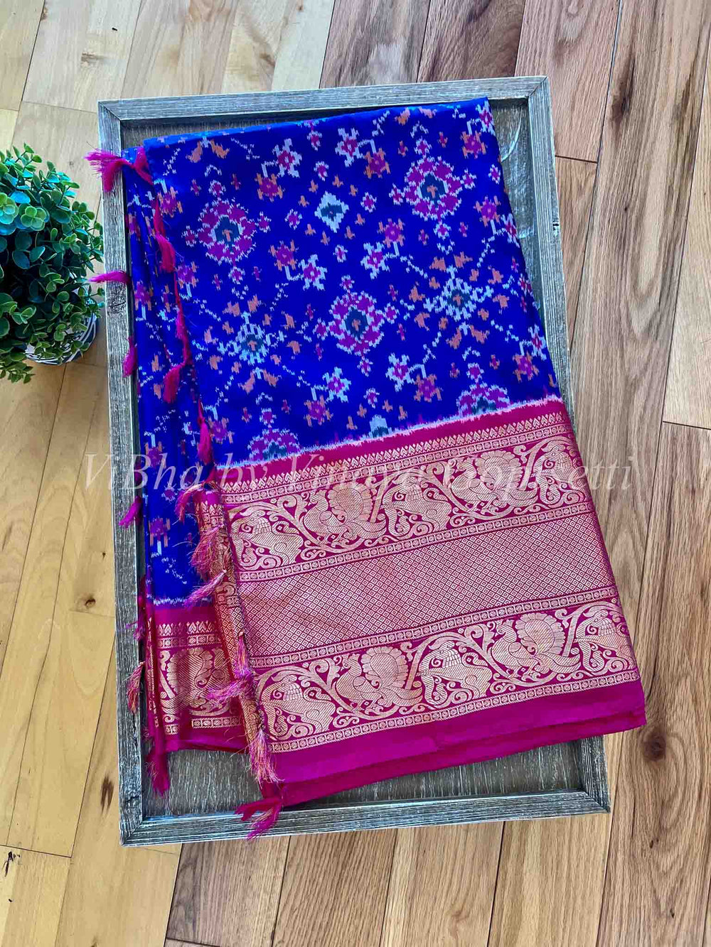 Sarees - Royal Blue - Rani Pink Ikkat Silk Sarees