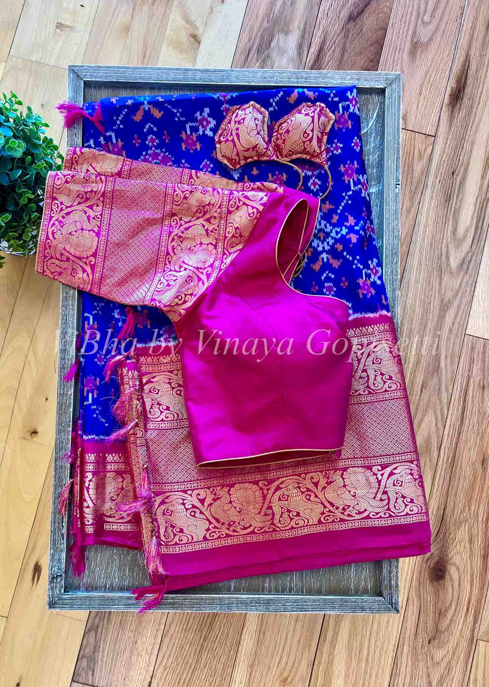 Sarees - Royal Blue - Rani Pink Ikkat Silk Sarees