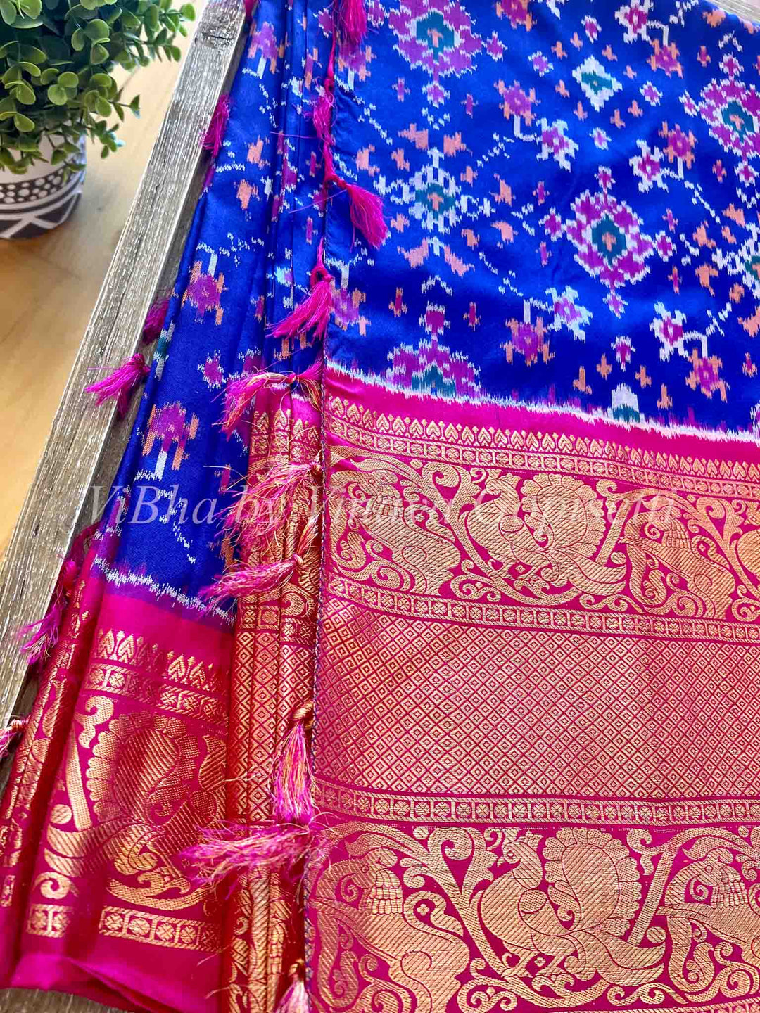 Sarees - Royal Blue - Rani Pink Ikkat Silk Sarees