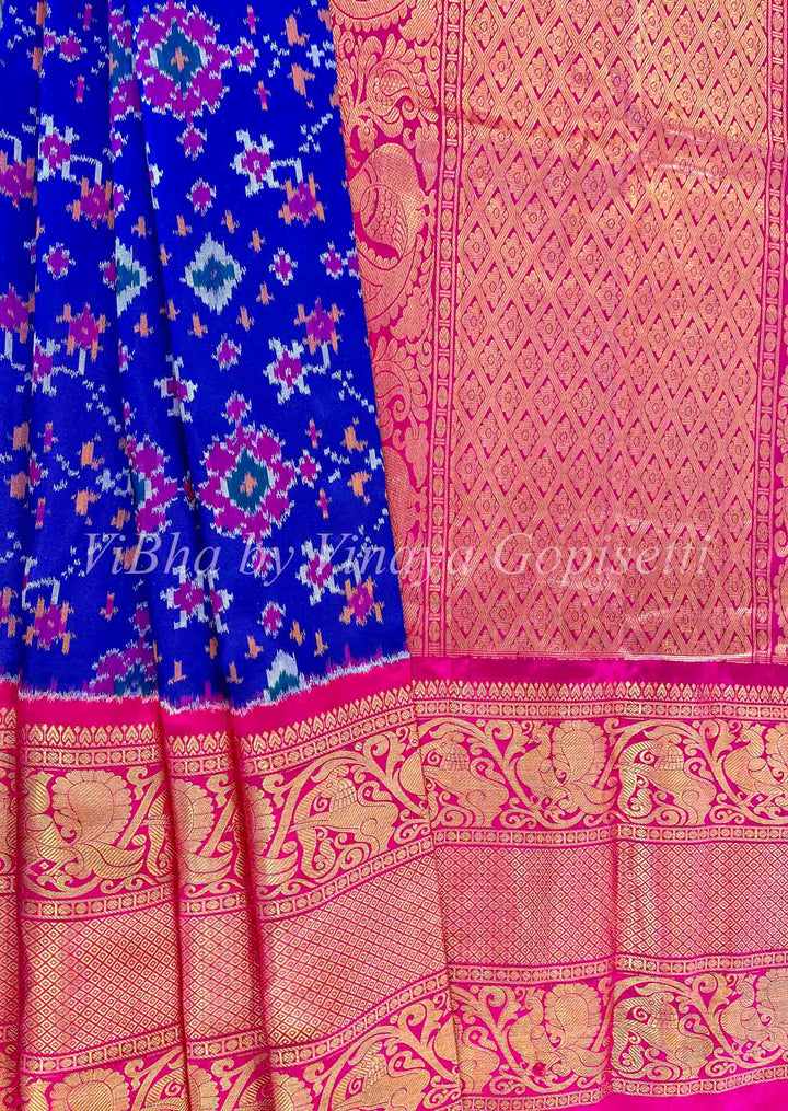 Sarees - Royal Blue - Rani Pink Ikkat Silk Sarees