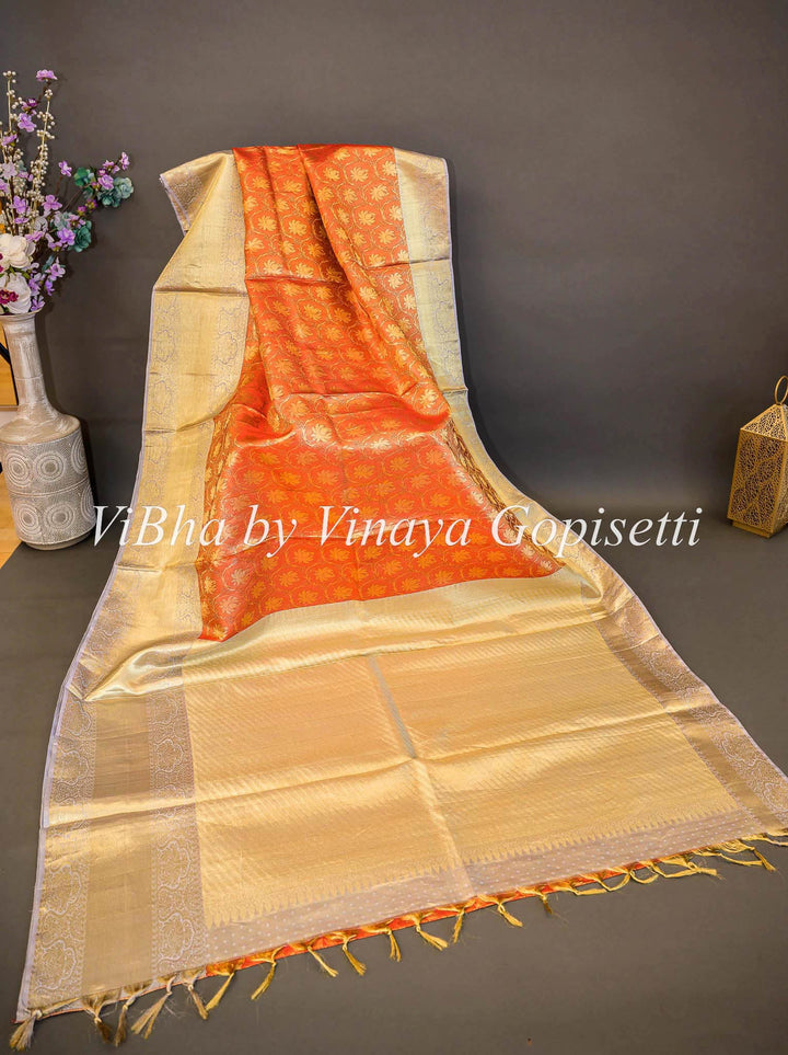 Sarees - Rust And Light Pastel Gold Tissue Kanchi Silk Saree