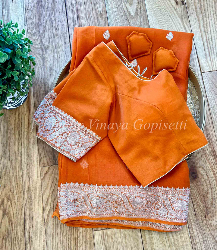 Sarees - Rust Banarasi Chiffon Silk Saree