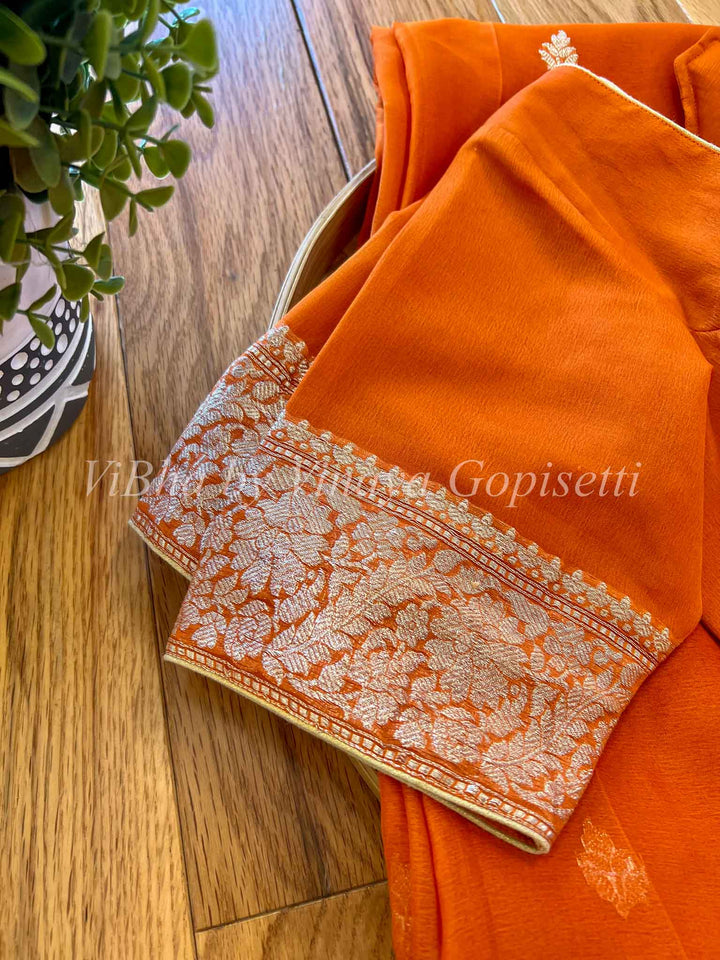 Sarees - Rust Banarasi Chiffon Silk Saree