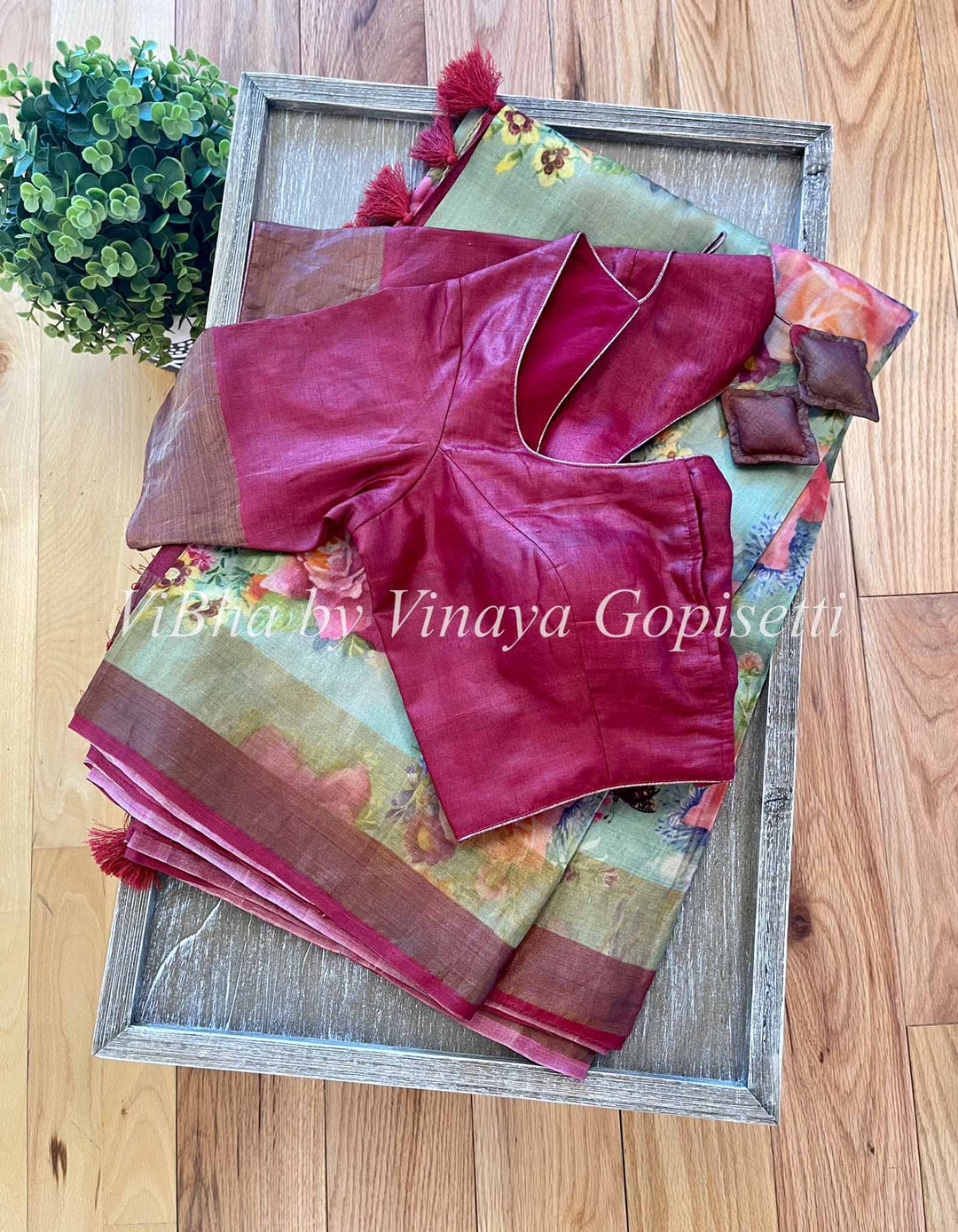 Sarees - Sage Green Floral Block Print Tussar Silk Saree