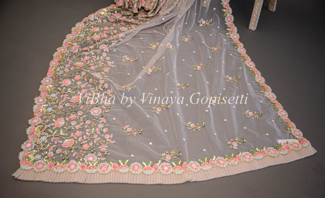 Sarees - Silver Pink Net Floral Embroidered Saree And Blouse