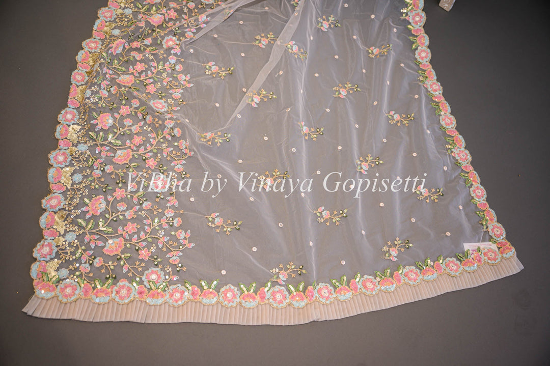 Sarees - Silver Pink Net Floral Embroidered Saree And Blouse