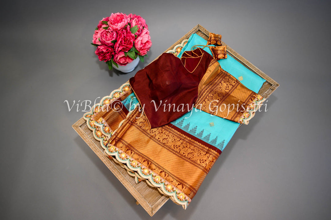 Sarees - Sky Blue And Dark Brown Gadwal Silk Saree And Blouse With Embroidered Borders