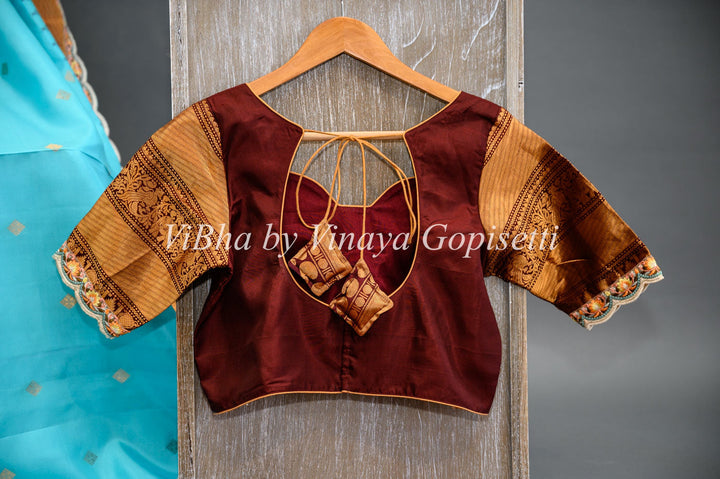 Sarees - Sky Blue And Dark Brown Gadwal Silk Saree And Blouse With Embroidered Borders