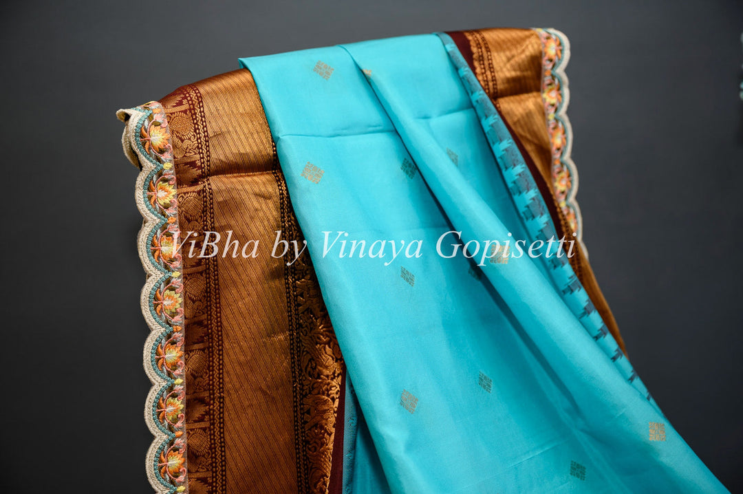 Sarees - Sky Blue And Dark Brown Gadwal Silk Saree And Blouse With Embroidered Borders