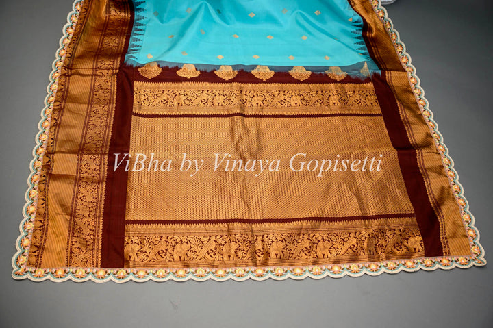 Sarees - Sky Blue And Dark Brown Gadwal Silk Saree And Blouse With Embroidered Borders