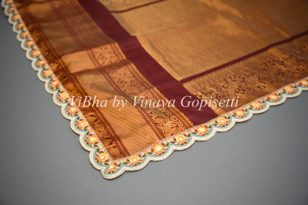 Sarees - Sky Blue And Dark Brown Gadwal Silk Saree And Blouse With Embroidered Borders