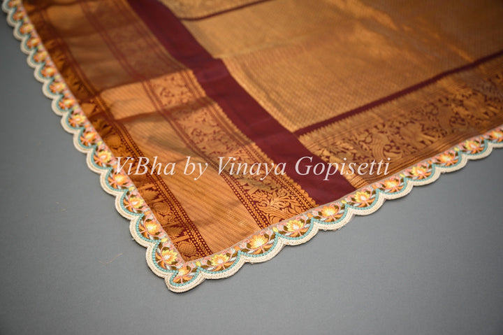 Sarees - Sky Blue And Dark Brown Gadwal Silk Saree And Blouse With Embroidered Borders