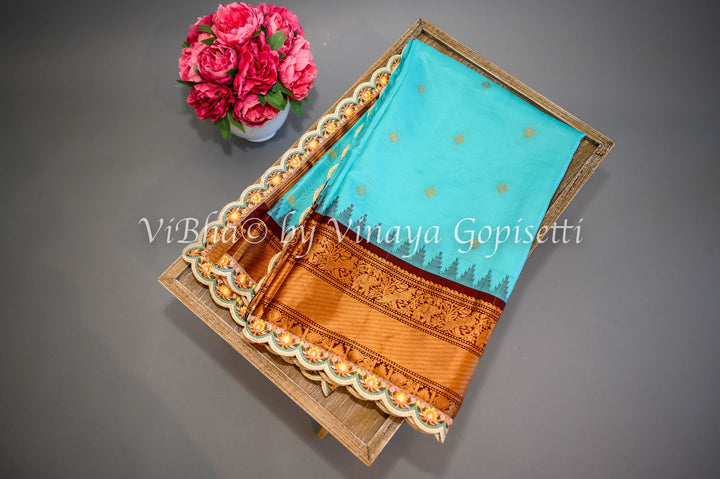 Sarees - Sky Blue And Dark Brown Gadwal Silk Saree And Blouse With Embroidered Borders