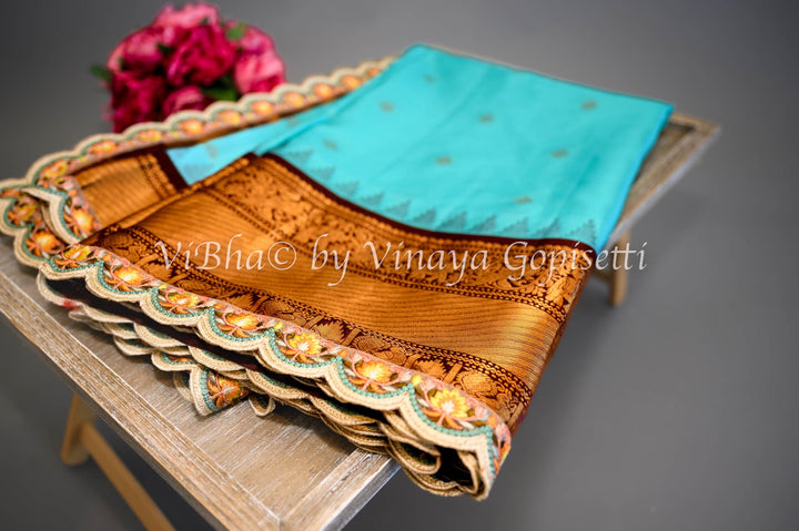 Sarees - Sky Blue And Dark Brown Gadwal Silk Saree And Blouse With Embroidered Borders