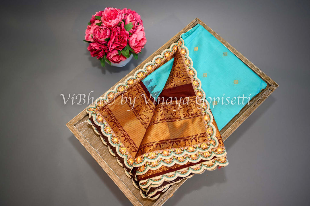 Sarees - Sky Blue And Dark Brown Gadwal Silk Saree And Blouse With Embroidered Borders