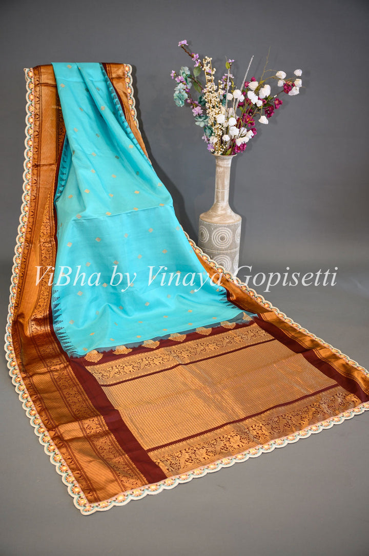 Sarees - Sky Blue And Dark Brown Gadwal Silk Saree And Blouse With Embroidered Borders