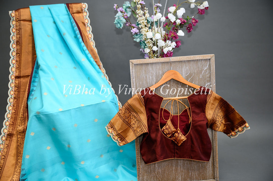 Sarees - Sky Blue And Dark Brown Gadwal Silk Saree And Blouse With Embroidered Borders