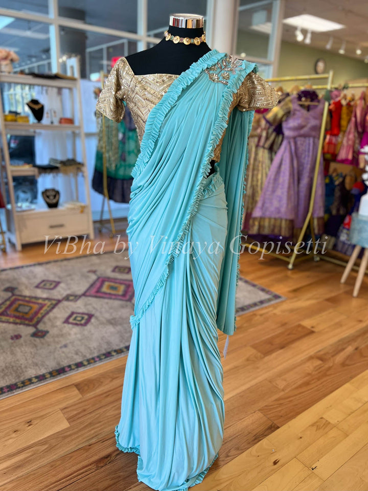 Sarees - Sky Blue And Gold Blouse Pre-Pleated Saree