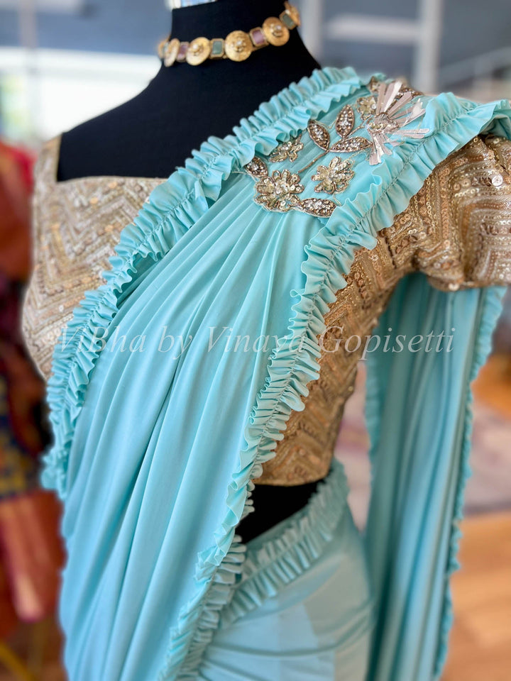 Sarees - Sky Blue And Gold Blouse Pre-Pleated Saree